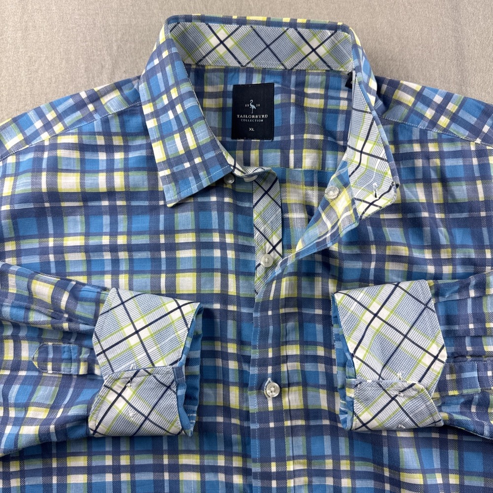 Tailorbyrd Shirt Men XL Blue Plaid Long Sleeve Button Up Flip Cuff Preppy Cotton